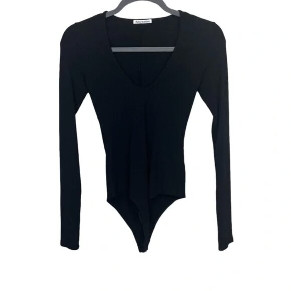 Reformation Indie Long Sleeve Bodysuit XL Ribbed Black Minimalist Tencel Fitted - Picture 3 of 9